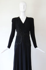 "Glass Beadwork & Silk" Vintage 1940's Crepe Silk Beaded Evening Gown & Jacket UK 10 US 6