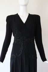 "Glass Beadwork & Silk" Vintage 1940's Crepe Silk Beaded Evening Gown & Jacket UK 10 US 6