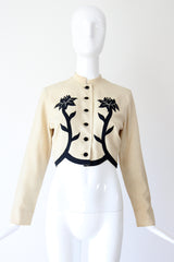 "Rhinestone Buds" Vintage 1940's Cream & Black Floral Linen Jacket UK 10 US 6