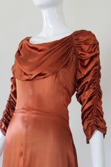 "Amber Satin" Vintage 1930's Amber Satin Pleated & Ruched Satin Dress UK 10 US 6