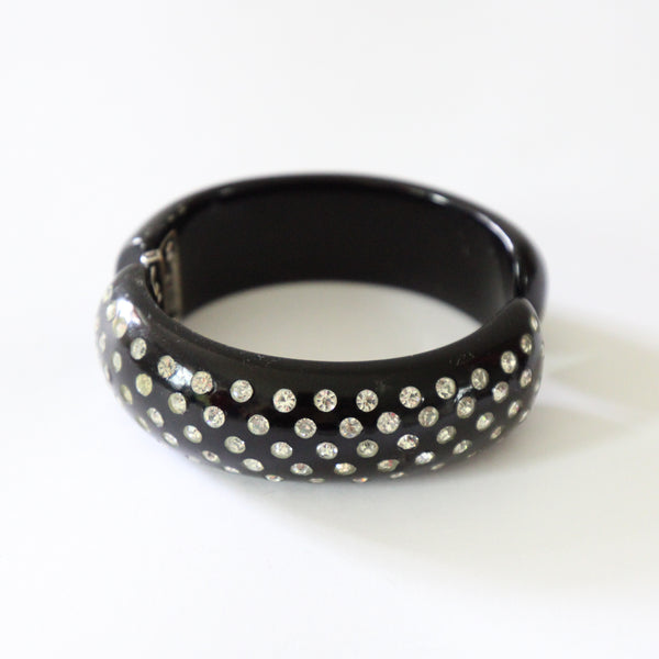 "Silver Inlaid Rhinestones" Vintage 1950's Celluloid & Rhinestone Clamper Bangle