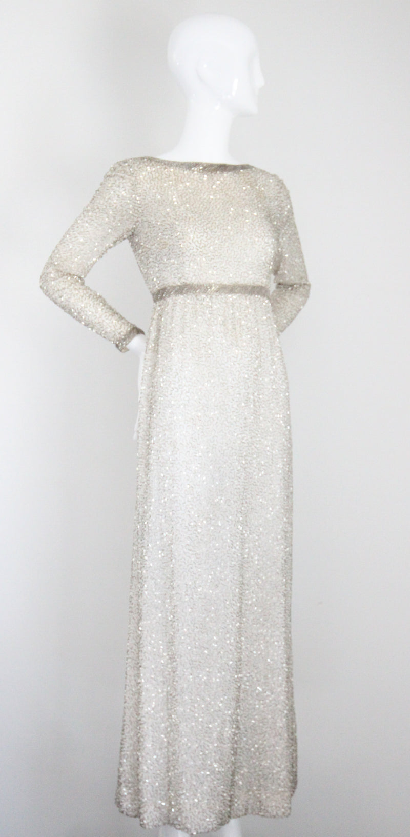 "Silver Beadwork" Vintage 1960's Silver Glass Beaded Evening Dress UK 8 US 4