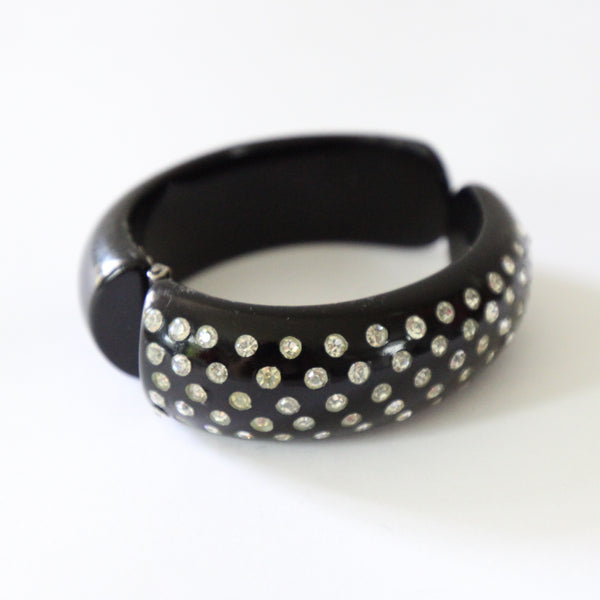 "Silver Inlaid Rhinestones" Vintage 1950's Celluloid & Rhinestone Clamper Bangle