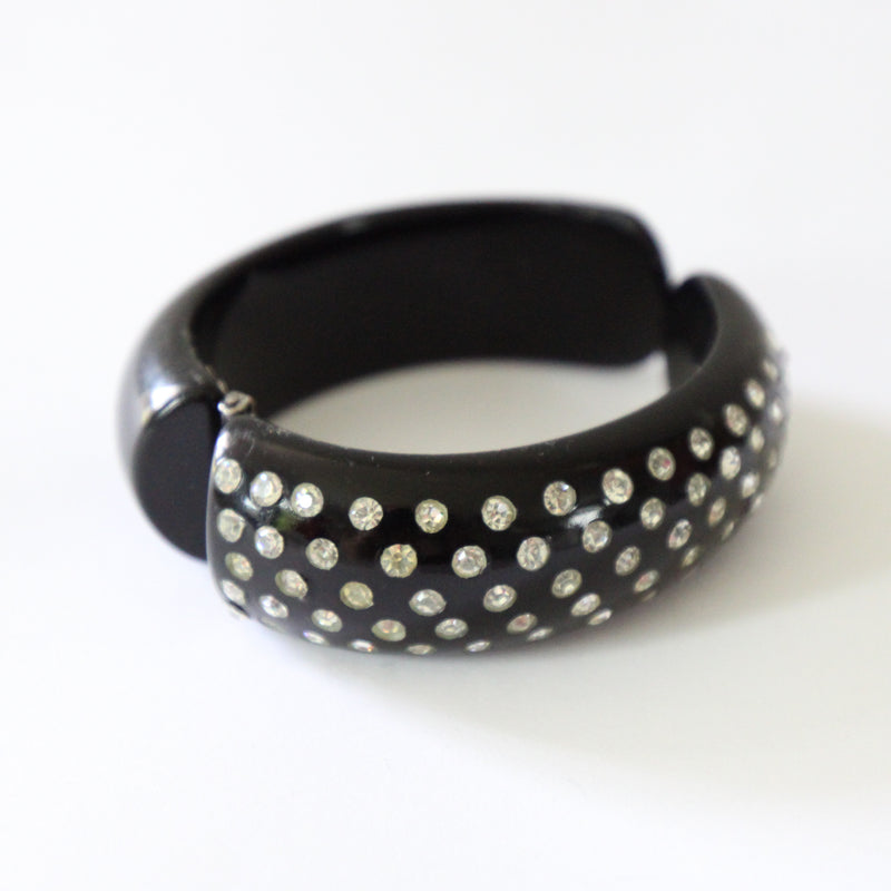 "Silver Inlaid Rhinestones" Vintage 1950's Celluloid & Rhinestone Clamper Bangle