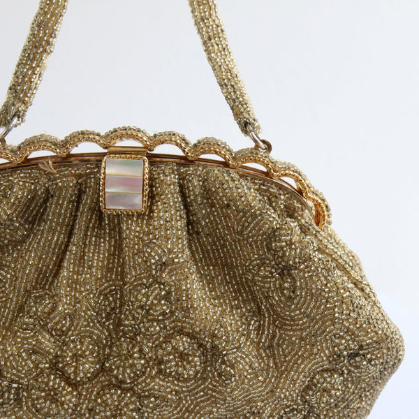 "Raised Gold Beaded Florals" Vintage 1950's Gold Beaded Floral Evening Bag