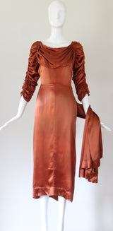 "Amber Satin" Vintage 1930's Amber Satin Pleated & Ruched Satin Dress UK 10 US 6