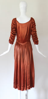 "Amber Satin" Vintage 1930's Amber Satin Pleated & Ruched Satin Dress UK 10 US 6