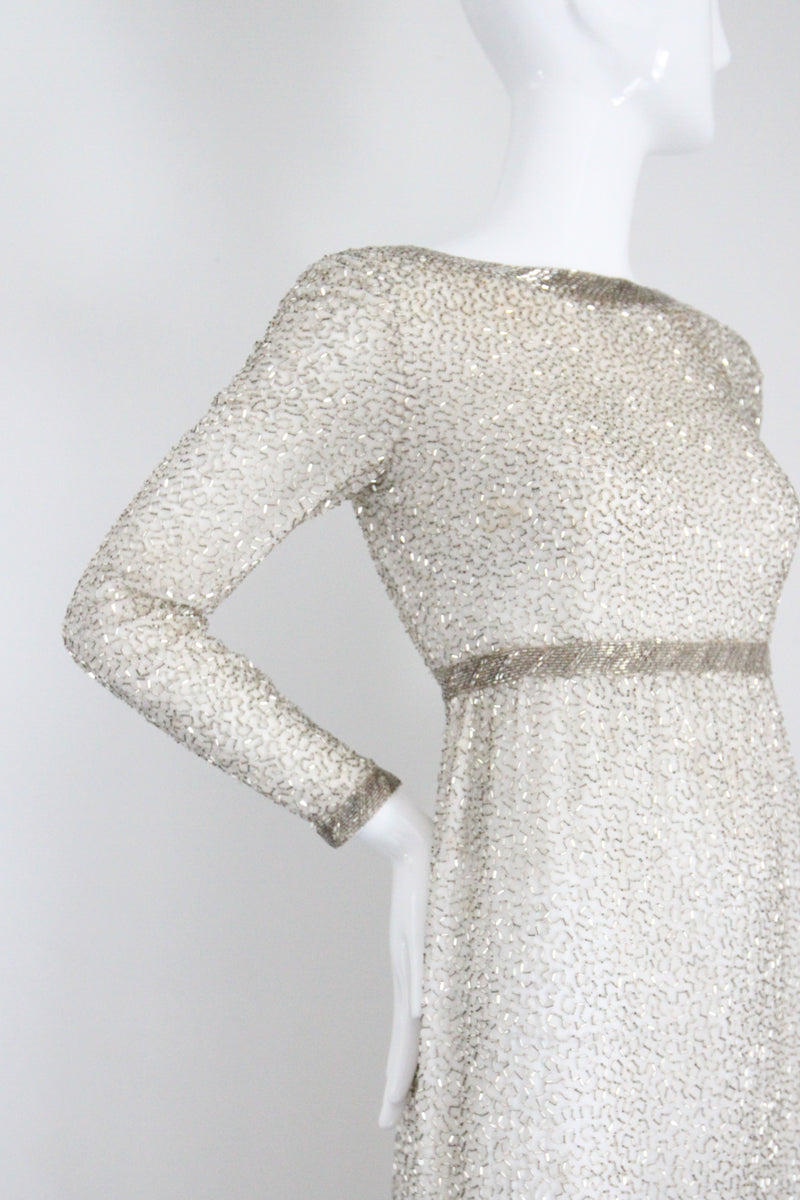 "Silver Beadwork" Vintage 1960's Silver Glass Beaded Evening Dress UK 8 US 4