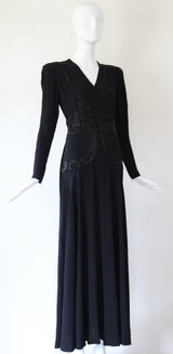 "Glass Beadwork & Silk" Vintage 1940's Crepe Silk Beaded Evening Gown & Jacket UK 10 US 6