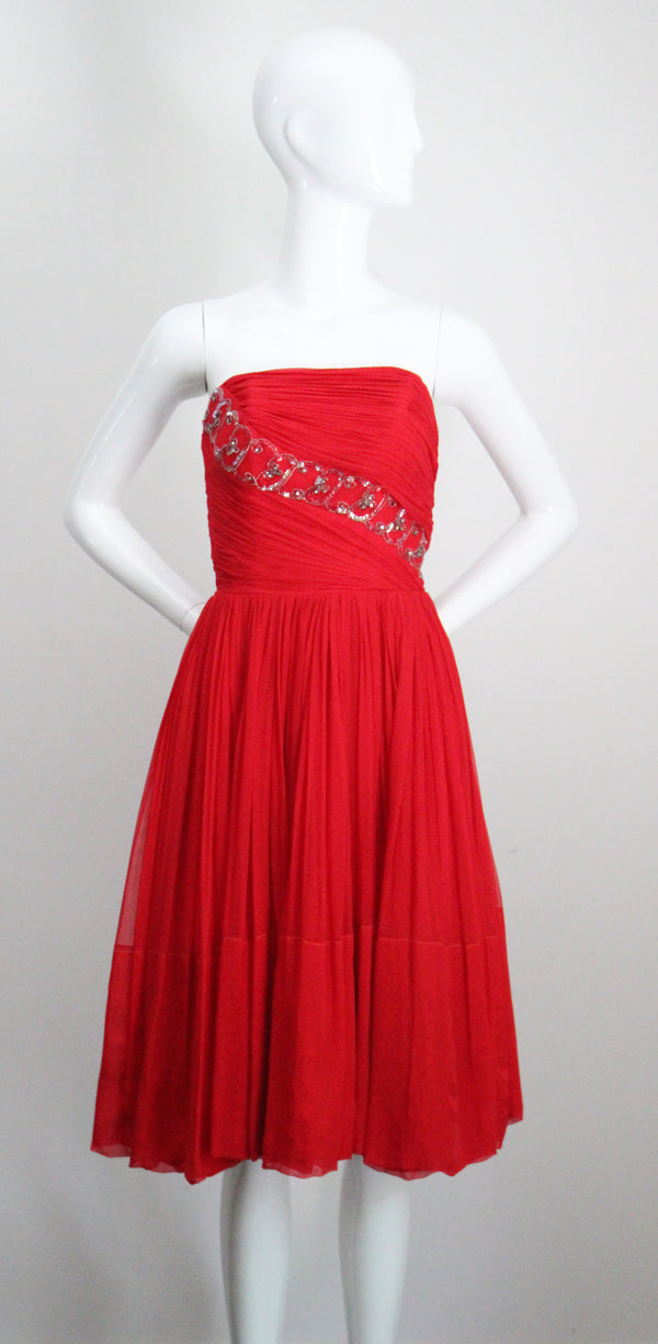 "Ruby Silk Chiffon" Vintage 1950's Silk Chiffon & Sequin Strapless Cocktail Dress UK 4-6 US 0-2