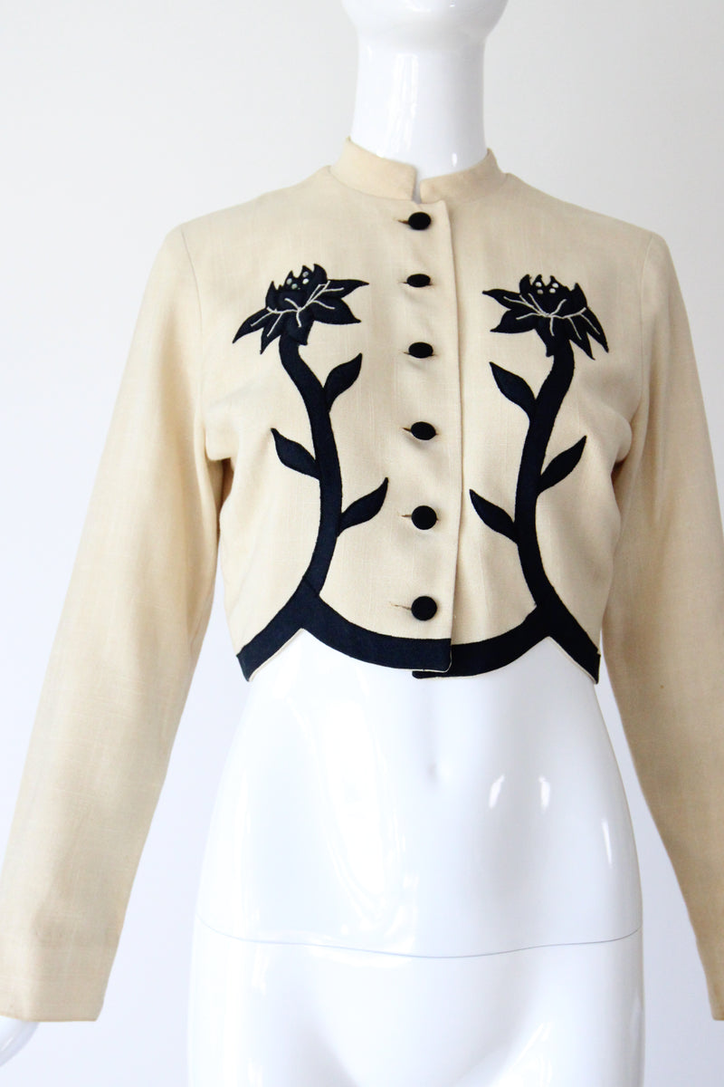 "Rhinestone Buds" Vintage 1940's Cream & Black Floral Linen Jacket UK 10 US 6