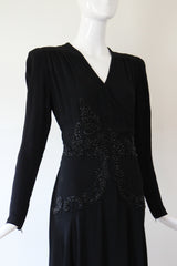"Glass Beadwork & Silk" Vintage 1940's Crepe Silk Beaded Evening Gown & Jacket UK 10 US 6