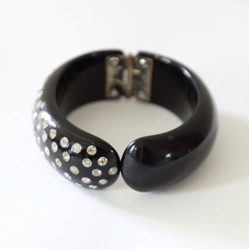 "Silver Inlaid Rhinestones" Vintage 1950's Celluloid & Rhinestone Clamper Bangle
