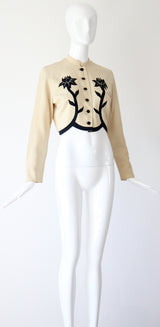 "Rhinestone Buds" Vintage 1940's Cream & Black Floral Linen Jacket UK 10 US 6