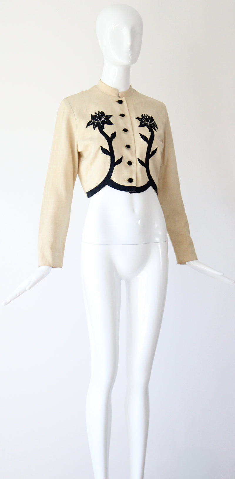 "Rhinestone Buds" Vintage 1940's Cream & Black Floral Linen Jacket UK 10 US 6