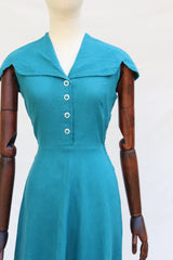 "Cyan Blue Linen" Vintage 1940's Cyan Blue Linen Dress UK 8 US 4