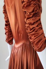 "Amber Satin" Vintage 1930's Amber Satin Pleated & Ruched Satin Dress UK 10 US 6