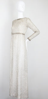 "Silver Beadwork" Vintage 1960's Silver Glass Beaded Evening Dress UK 8 US 4