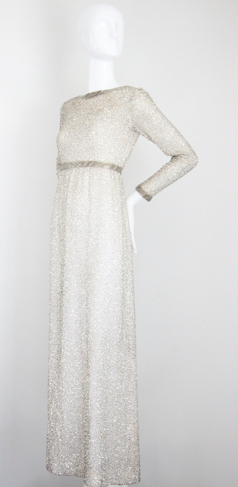 "Silver Beadwork" Vintage 1960's Silver Glass Beaded Evening Dress UK 8 US 4