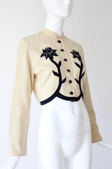 "Rhinestone Buds" Vintage 1940's Cream & Black Floral Linen Jacket UK 10 US 6