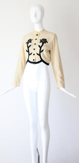 "Rhinestone Buds" Vintage 1940's Cream & Black Floral Linen Jacket UK 10 US 6