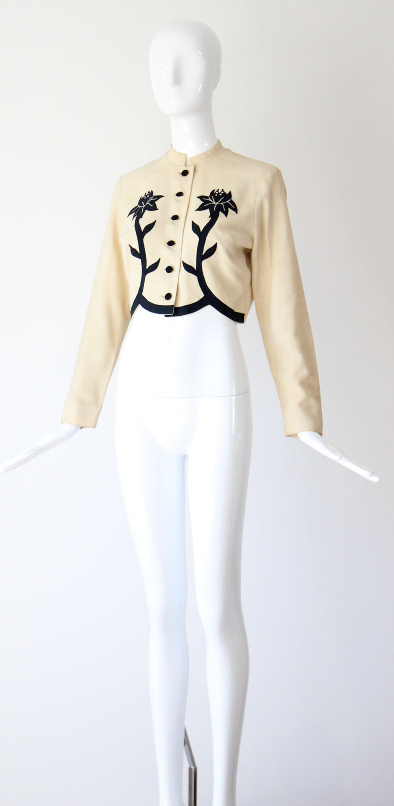 "Rhinestone Buds" Vintage 1940's Cream & Black Floral Linen Jacket UK 10 US 6