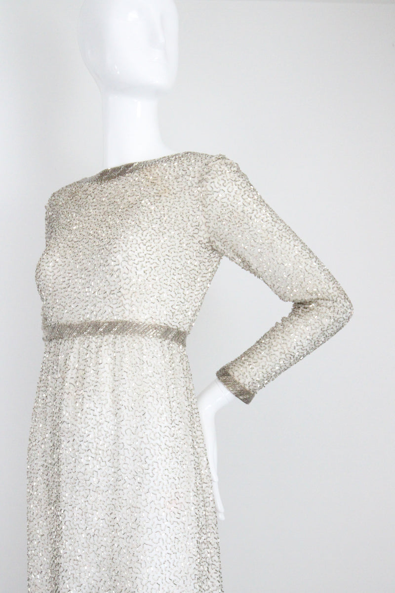 "Silver Beadwork" Vintage 1960's Silver Glass Beaded Evening Dress UK 8 US 4