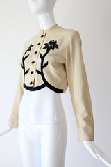 "Rhinestone Buds" Vintage 1940's Cream & Black Floral Linen Jacket UK 10 US 6