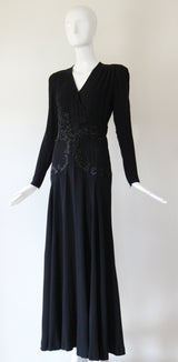"Glass Beadwork & Silk" Vintage 1940's Crepe Silk Beaded Evening Gown & Jacket UK 10 US 6