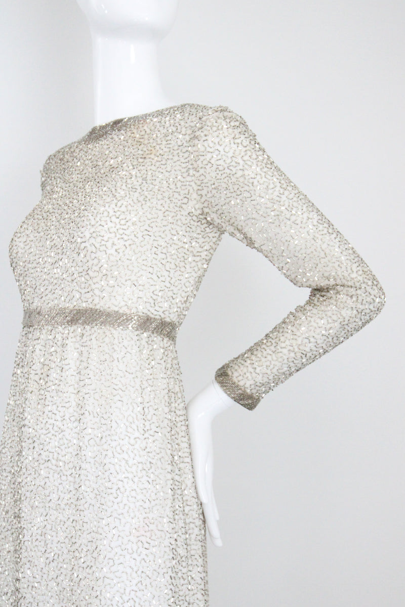"Silver Beadwork" Vintage 1960's Silver Glass Beaded Evening Dress UK 8 US 4