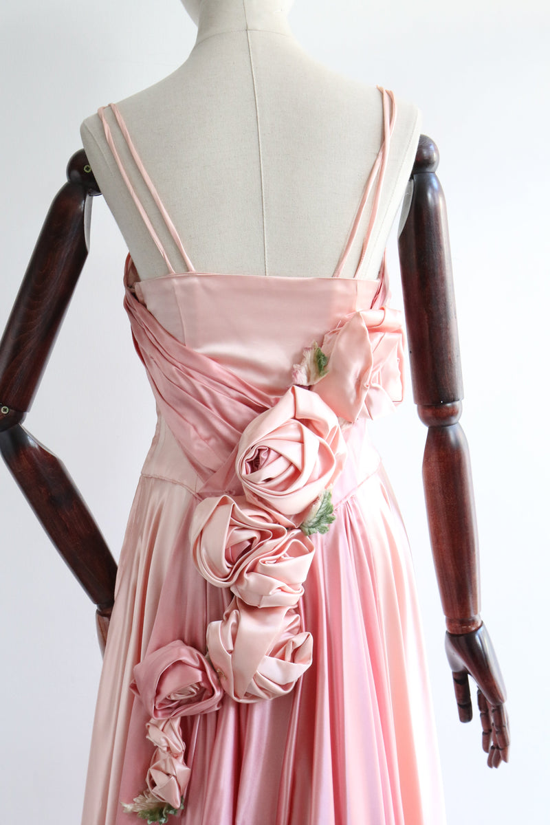 "Satin Roses" Vintage 1950's Duchess Satin Rose Embellished Dress UK 10 US 6