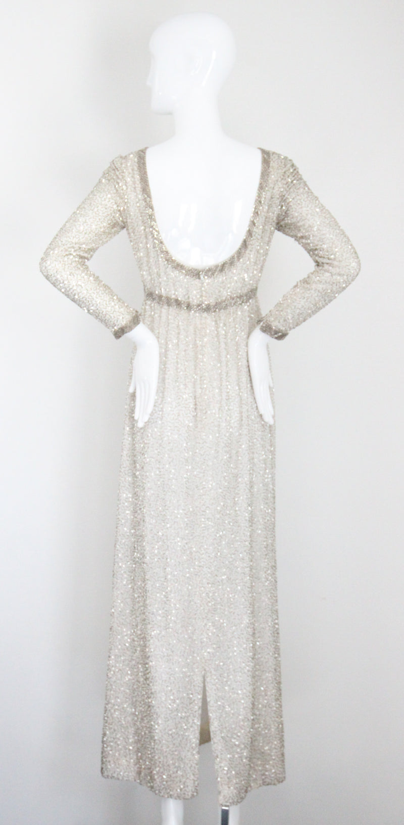"Silver Beadwork" Vintage 1960's Silver Glass Beaded Evening Dress UK 8 US 4