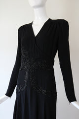 "Glass Beadwork & Silk" Vintage 1940's Crepe Silk Beaded Evening Gown & Jacket UK 10 US 6