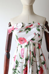 "Roses & Bows" Vintage 1950's Rose Print & Bow Detail Strapless Dress UK 8 US 4