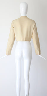 "Rhinestone Buds" Vintage 1940's Cream & Black Floral Linen Jacket UK 10 US 6