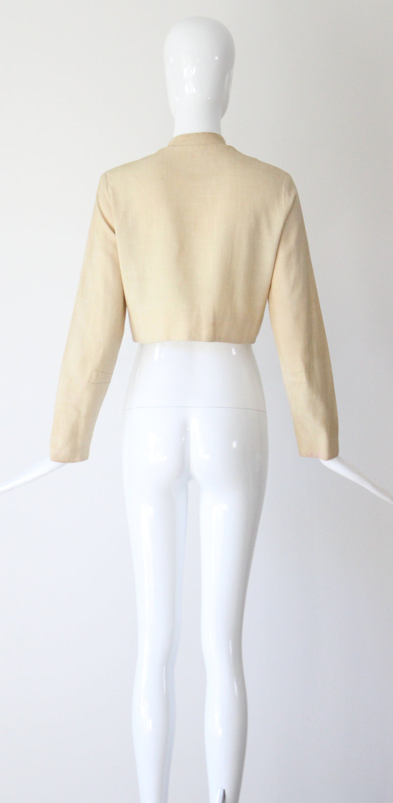 "Rhinestone Buds" Vintage 1940's Cream & Black Floral Linen Jacket UK 10 US 6