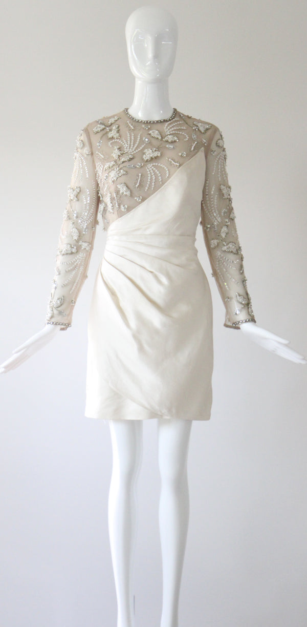 "Trailing Pearls & Satin" Vintage Late 1960's Satin & Tulle Beaded Cocktail Dress UK 10 US 6