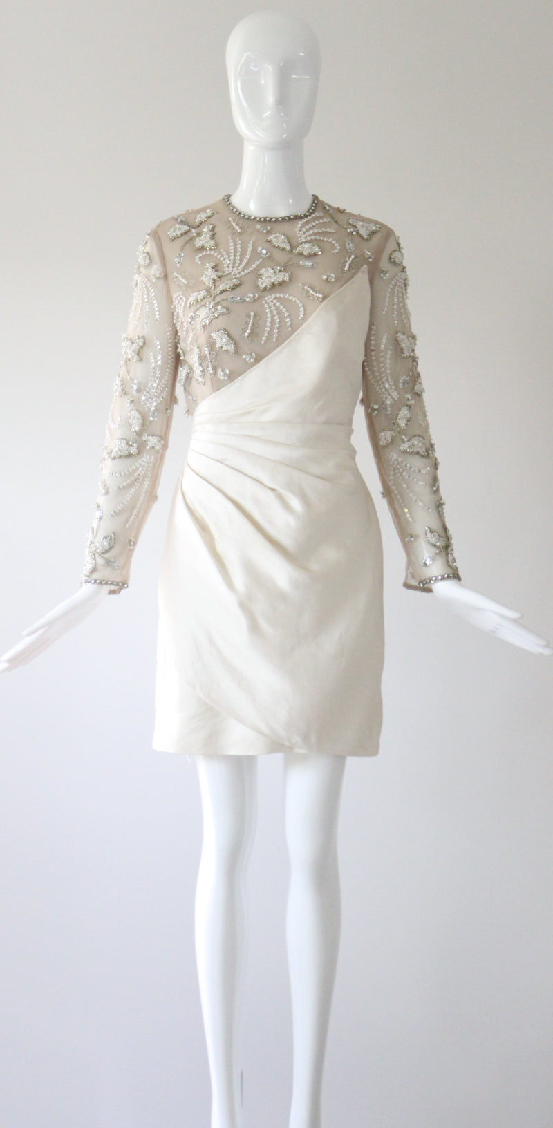 "Trailing Pearls & Satin" Vintage Late 1960's Satin & Tulle Beaded Cocktail Dress UK 10 US 6