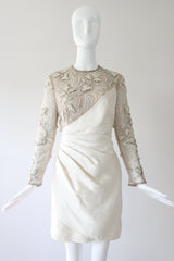 "Trailing Pearls & Satin" Vintage Late 1960's Satin & Tulle Beaded Cocktail Dress UK 10 US 6