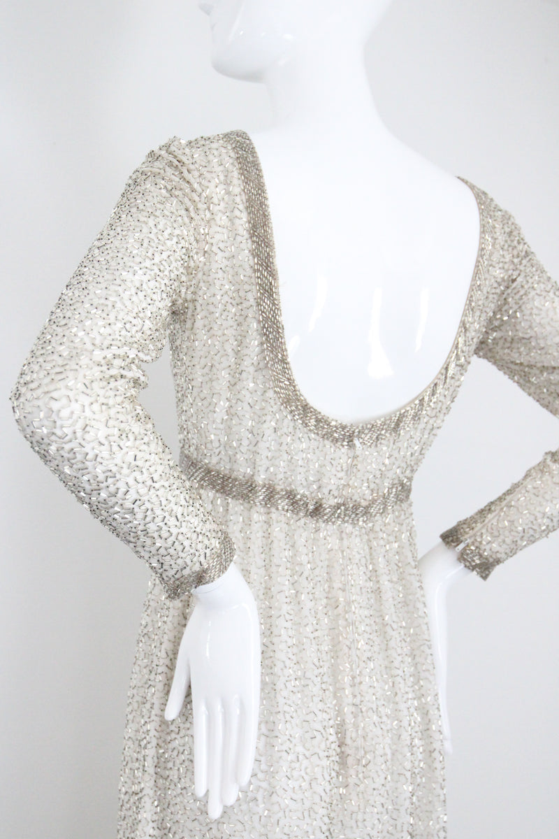 "Silver Beadwork" Vintage 1960's Silver Glass Beaded Evening Dress UK 8 US 4