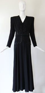 "Glass Beadwork & Silk" Vintage 1940's Crepe Silk Beaded Evening Gown & Jacket UK 10 US 6