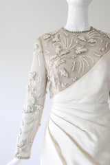 "Trailing Pearls & Satin" Vintage Late 1960's Satin & Tulle Beaded Cocktail Dress UK 10 US 6