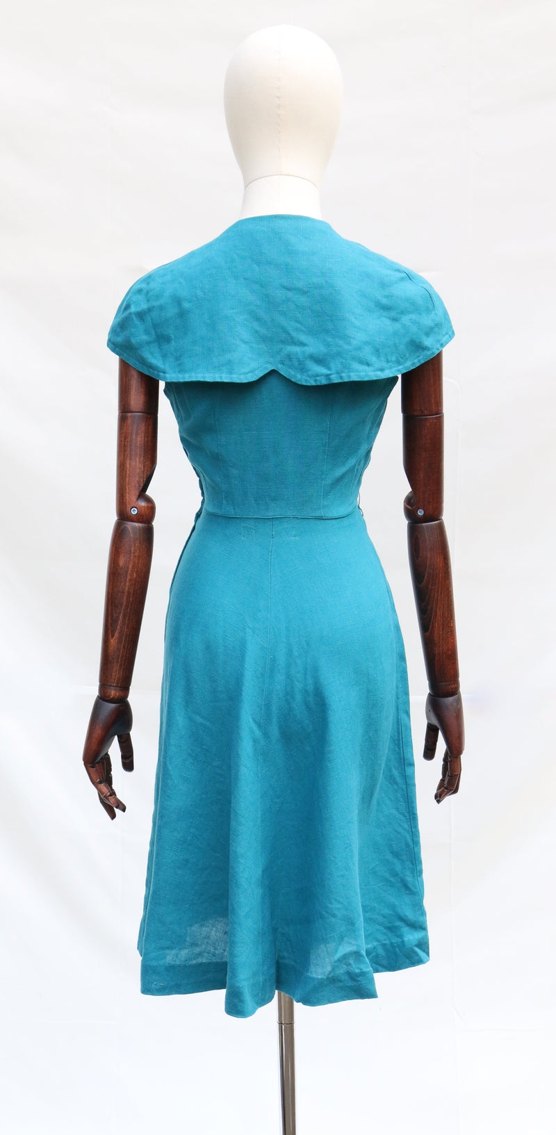 "Cyan Blue Linen" Vintage 1940's Cyan Blue Linen Dress UK 8 US 4