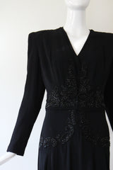"Glass Beadwork & Silk" Vintage 1940's Crepe Silk Beaded Evening Gown & Jacket UK 10 US 6