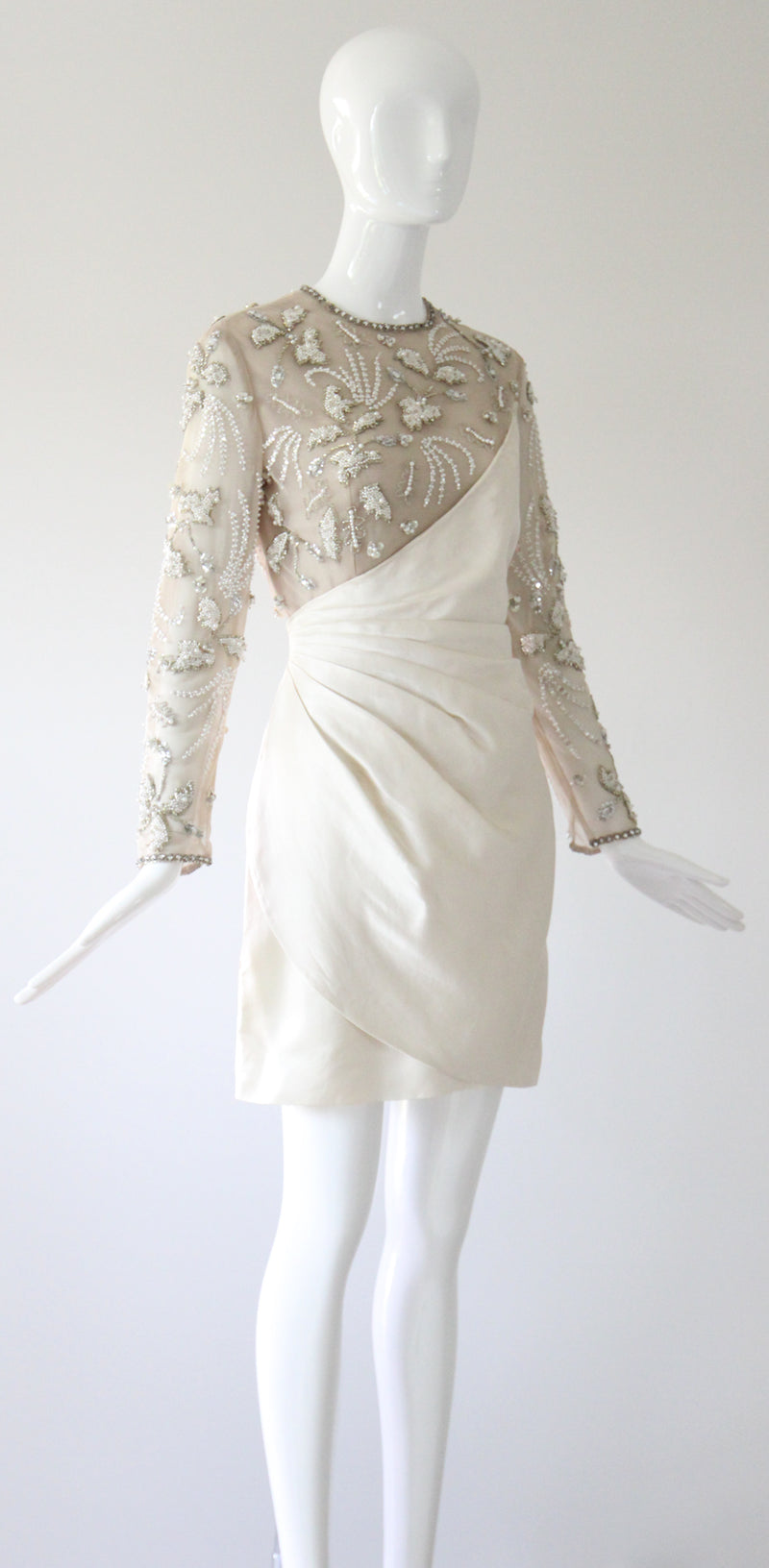 "Trailing Pearls & Satin" Vintage Late 1960's Satin & Tulle Beaded Cocktail Dress UK 10 US 6