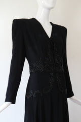 "Glass Beadwork & Silk" Vintage 1940's Crepe Silk Beaded Evening Gown & Jacket UK 10 US 6