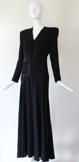 "Glass Beadwork & Silk" Vintage 1940's Crepe Silk Beaded Evening Gown & Jacket UK 10 US 6