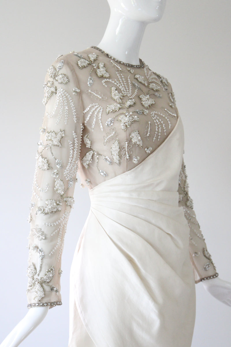 "Trailing Pearls & Satin" Vintage Late 1960's Satin & Tulle Beaded Cocktail Dress UK 10 US 6