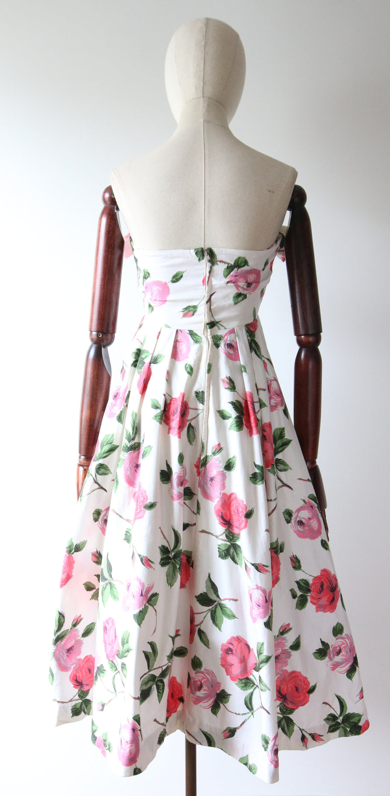 "Roses & Bows" Vintage 1950's Rose Print & Bow Detail Strapless Dress UK 8 US 4