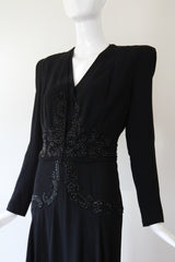 "Glass Beadwork & Silk" Vintage 1940's Crepe Silk Beaded Evening Gown & Jacket UK 10 US 6